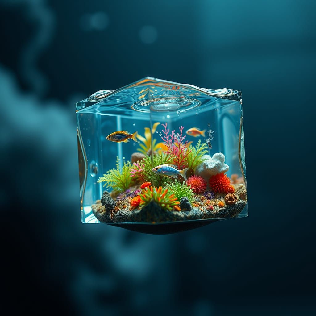 Miniature Water Cube Suspended in Space