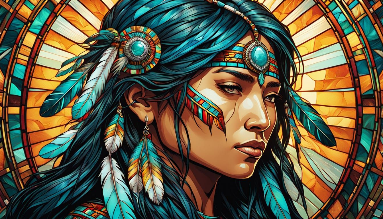 Psychedelic Stained Glass Portrait of Native American Woman