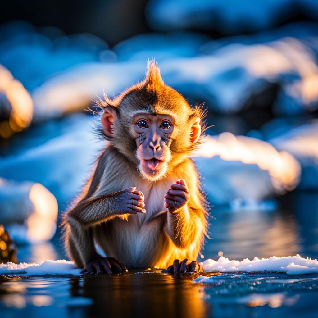 Adorable Baby Macaque Blowing Kiss in Hot Springs