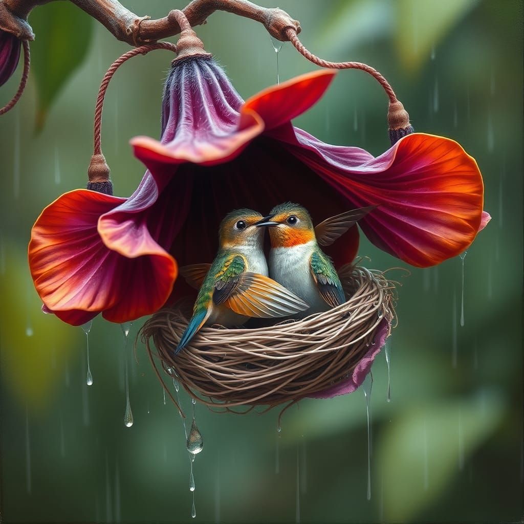 Exotic Flower Protects Hummingbirds: An Oil Painting