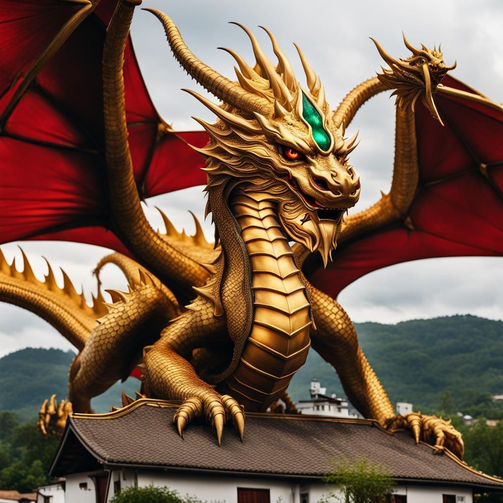 Majestic Golden Dragon Over Village: Professional Photograph...