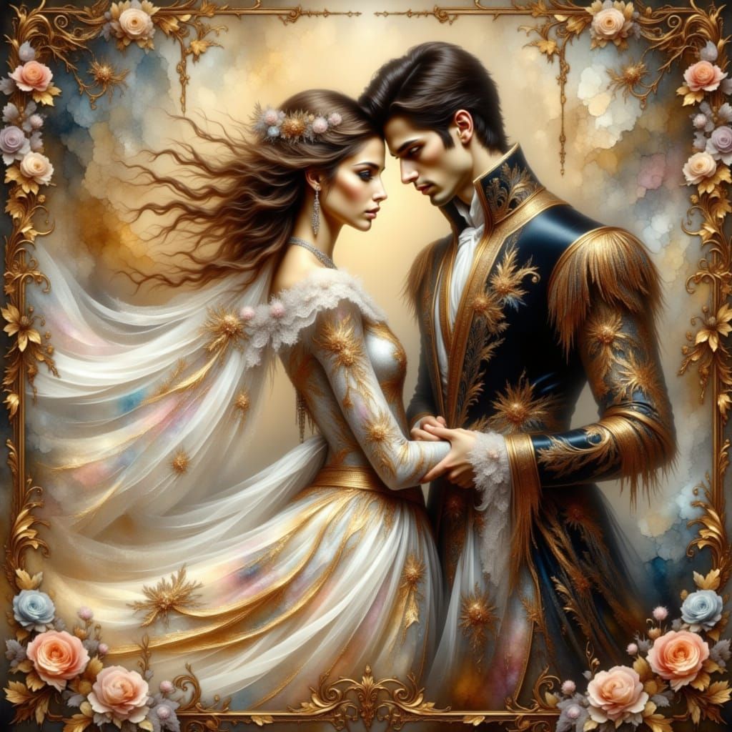 Ethereal Princess in Elegant Gown Dances with Prince in Meta...