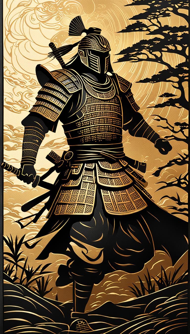 Samurai Warrior foil stamping art depicts silhouettes engaging in shadow play, crafting a fantasy realm, textures rich, ...