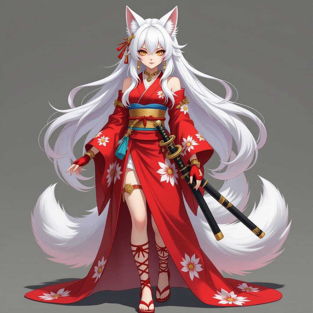 Anime Kitsune Admiral in Red Kimono with Katana