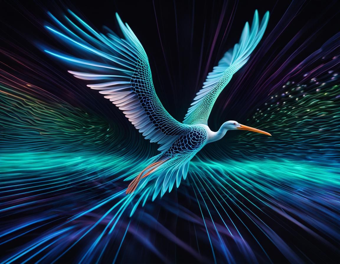 Abstract Neon Stork in Flight: 3D Render