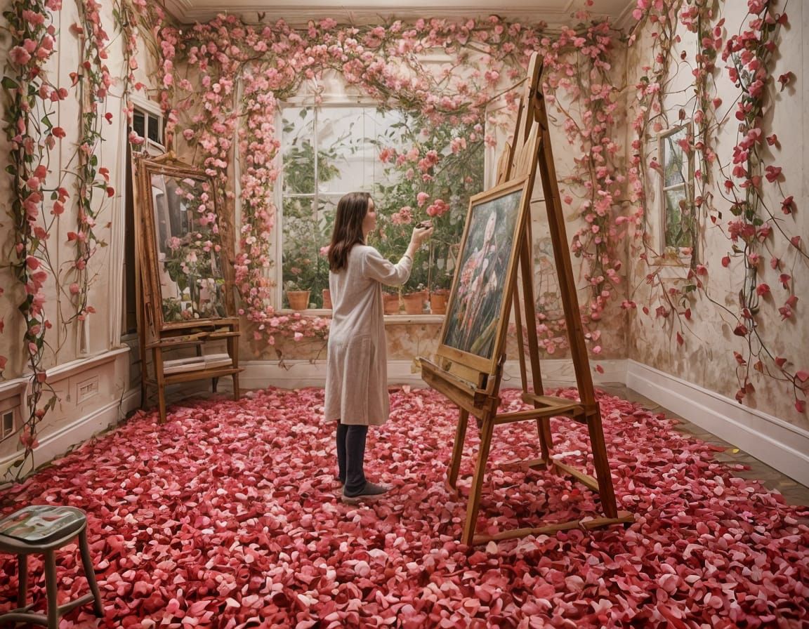 Rose Garden Painting in Surreal Room, Detailed Matte Art