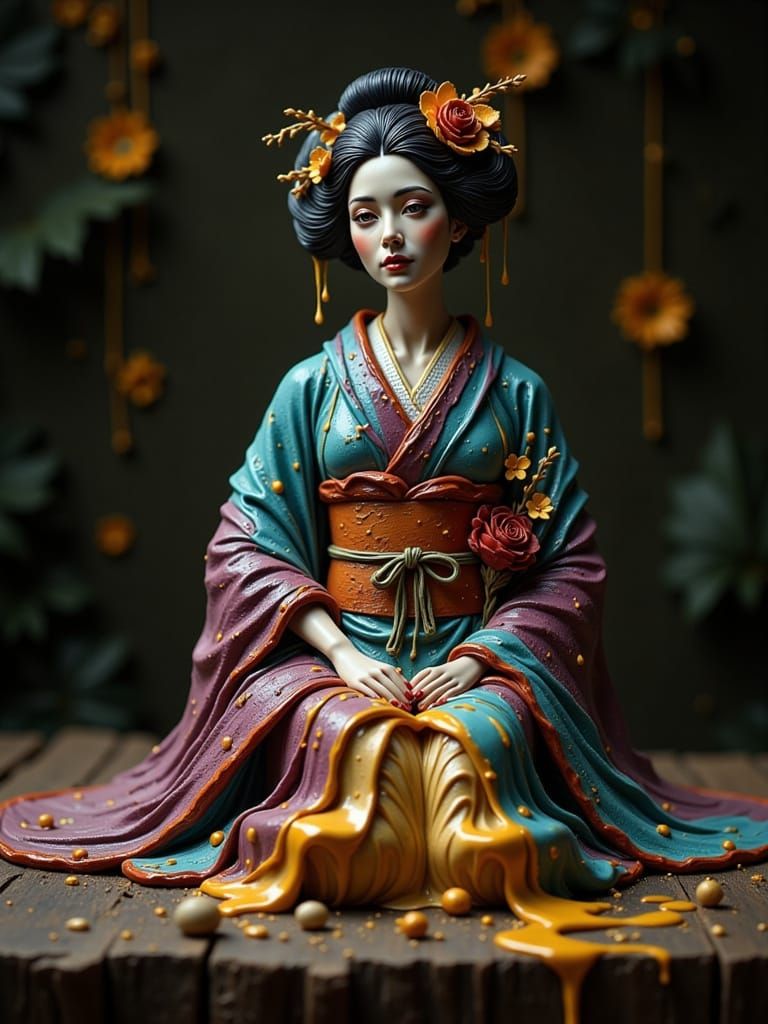 Old Geisha Figurine in Melting Wax as Impasto Painting