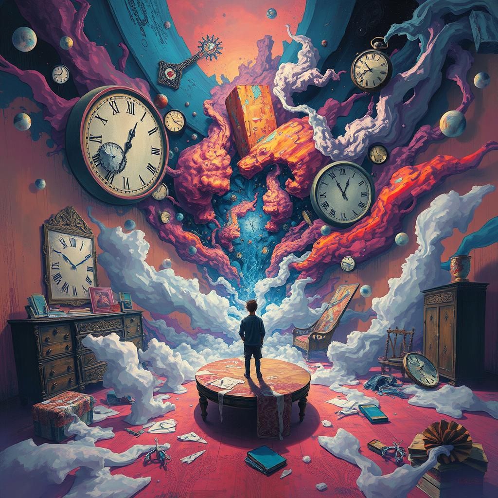 Surreal Dreamscape with Melting Clocks and Fog