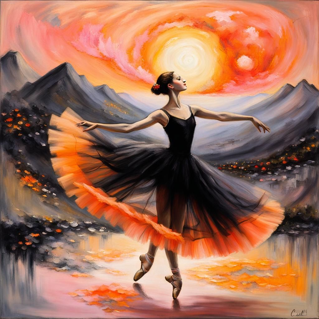 Ballerina in Tulle Against Sunset, Dreamy Painting
