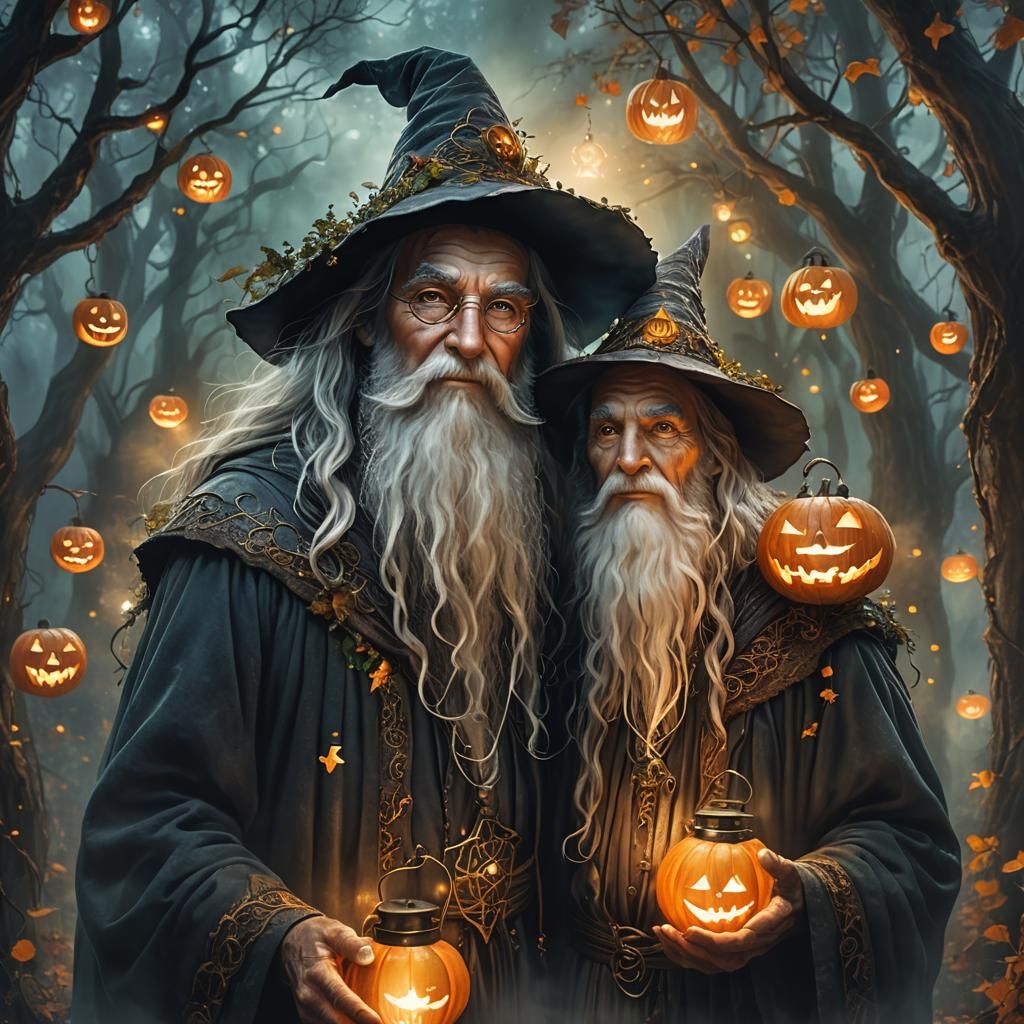 Wizard and Golem in Mystical Lantern-lit Forest