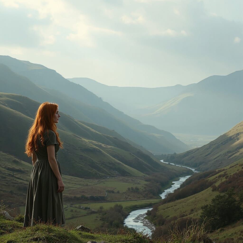 Red-Haired Woman in Serene British Countryside Digital Matte...