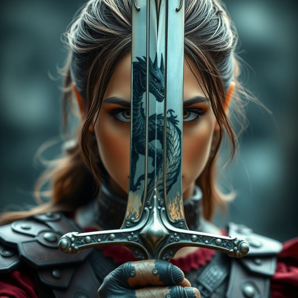 Epic Medieval Female Warrior Reflected in Ancient Dragon Swo...