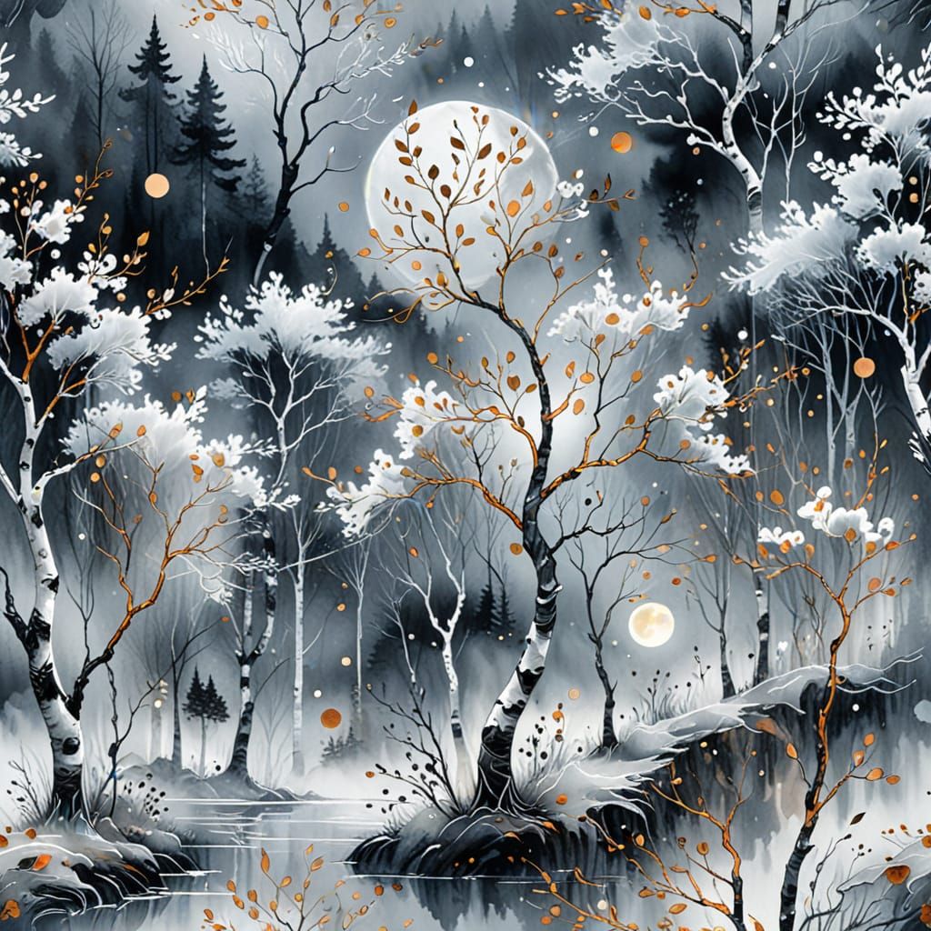 Birches and a moon, Natasha Wescoat and Willem Haenraets, (d...