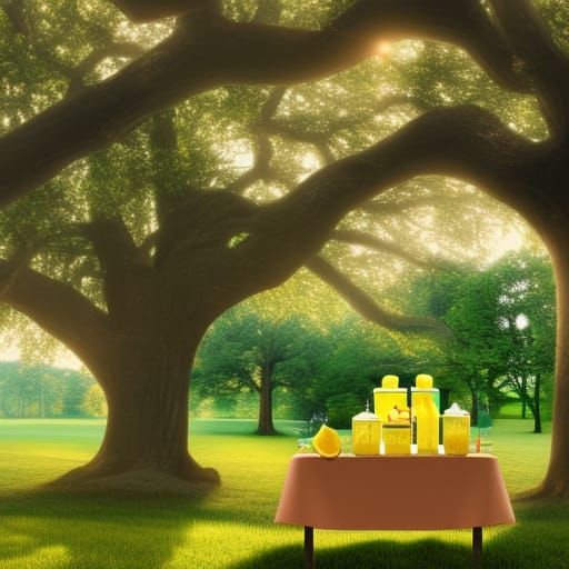 Nostalgic Lemonade Stand Under Oak Tree: Hyperrealism Art