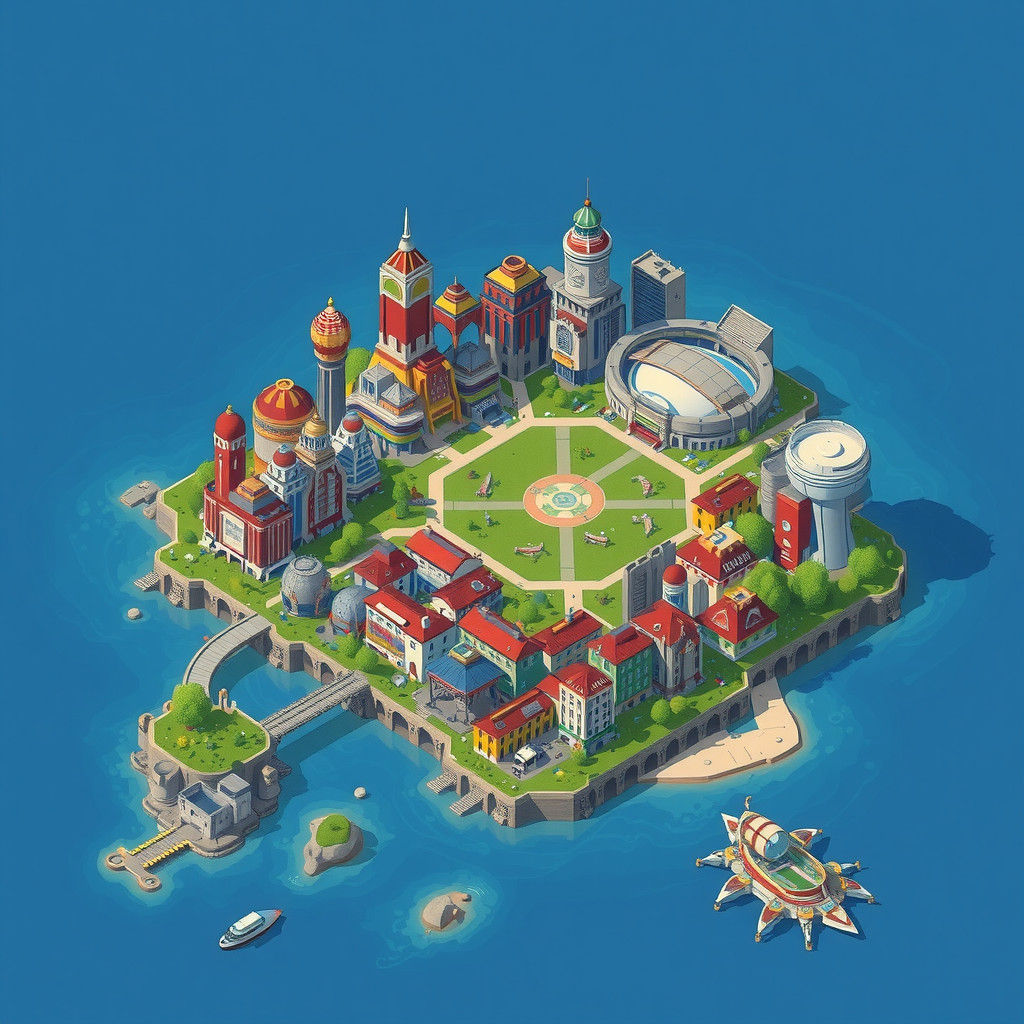 8-bit Pixel Art Map of Futuristic Island City