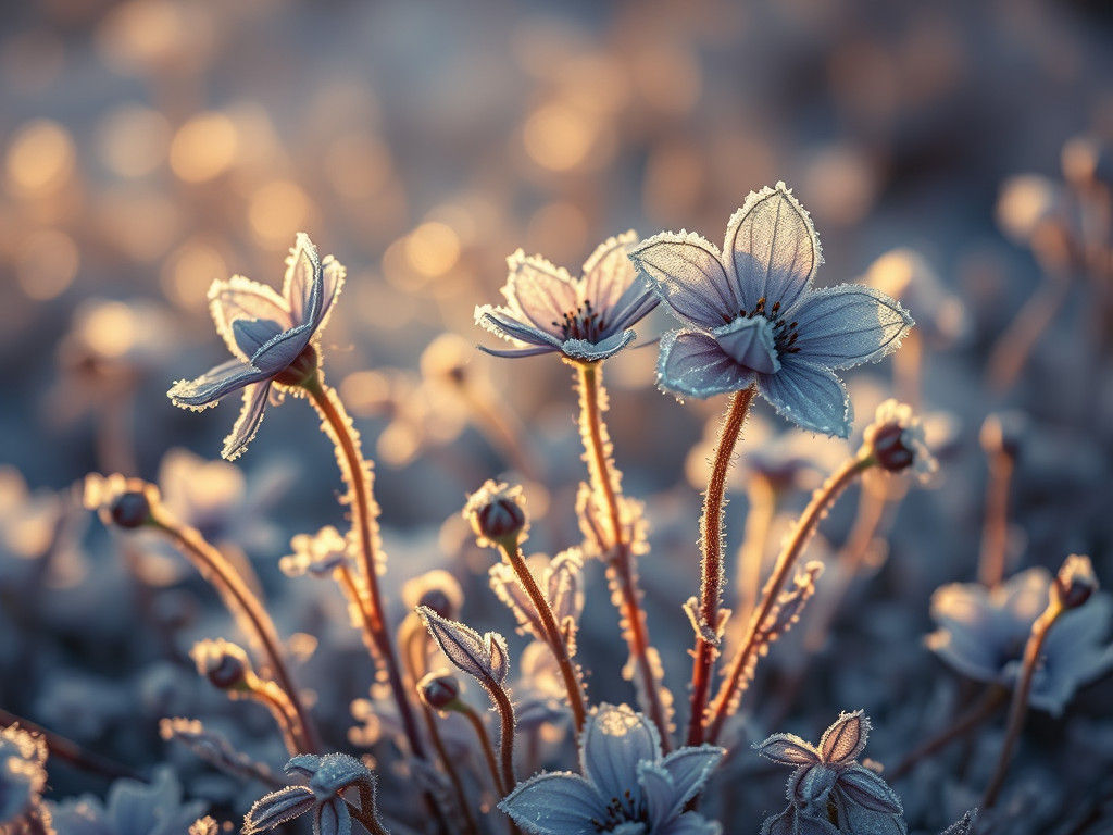 Iced Midnight Blue Flowers in Winter Light