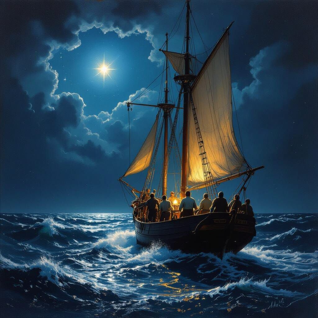 Sailship Crew Seeks Guidance Under North Star in Stormy Seas
