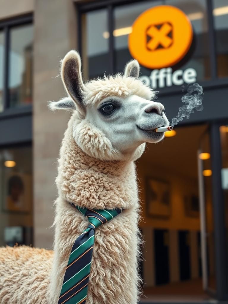 Alpaca in Necktie Smoking Outside Office