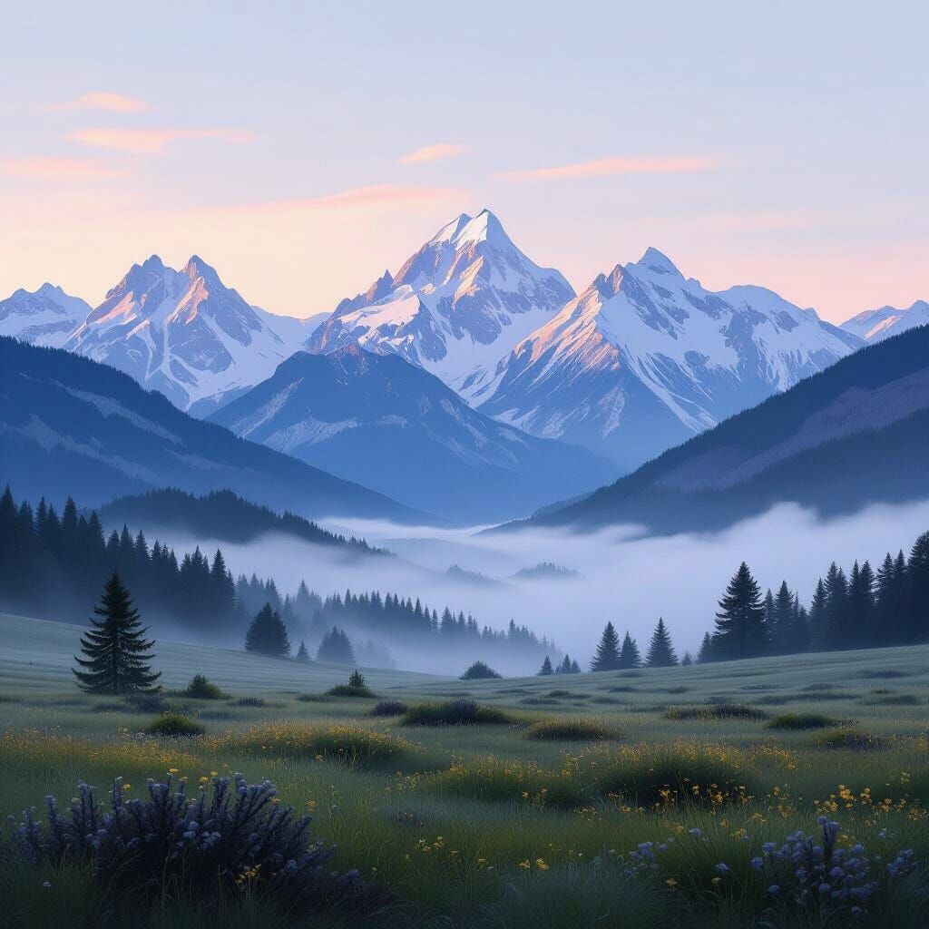 Majestic Snowy Mountains Emerge Through Morning Fog