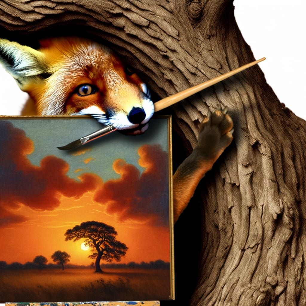 Timid Fox Painting Sunset in Realistic Style