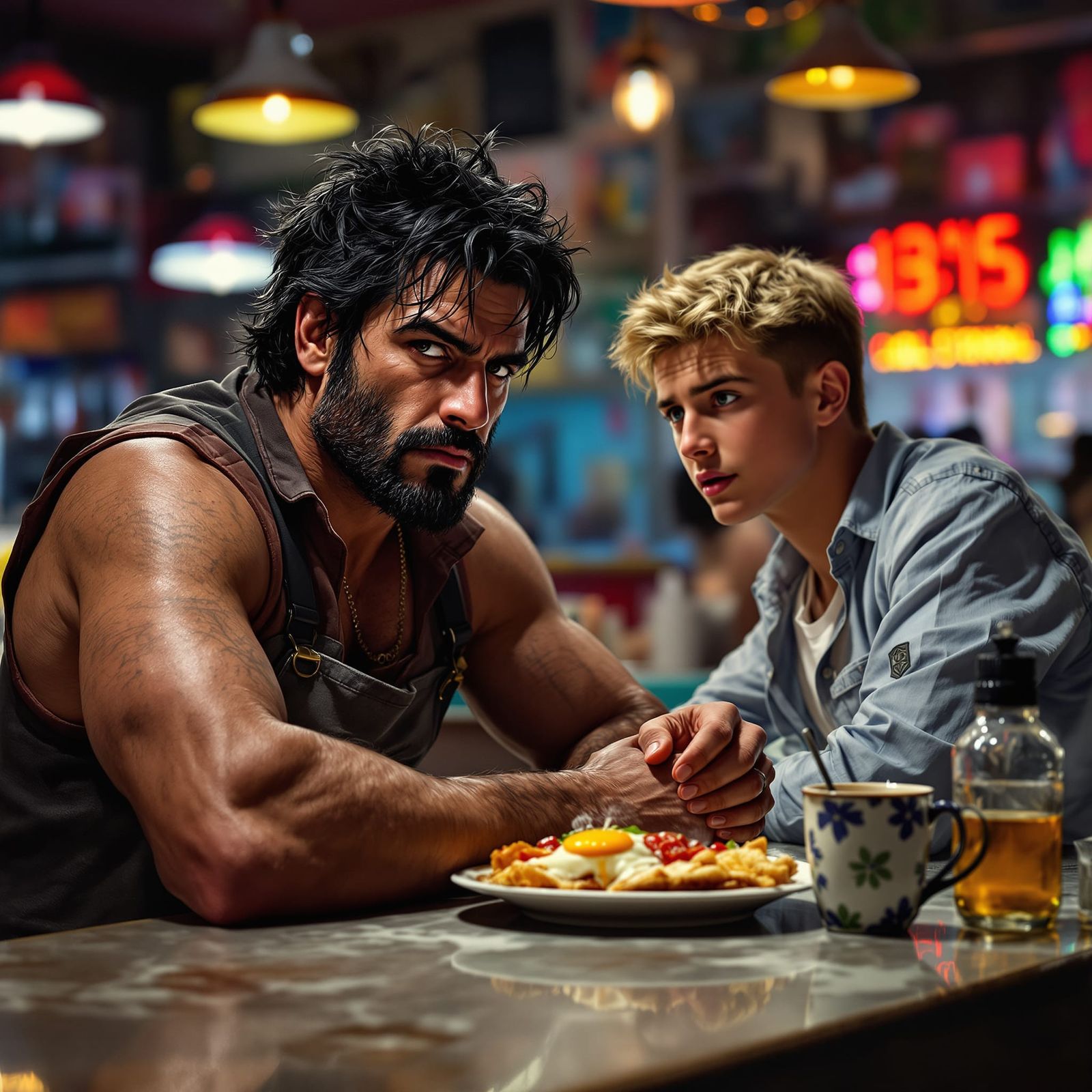 Rugged Man at Diner with Apprentice