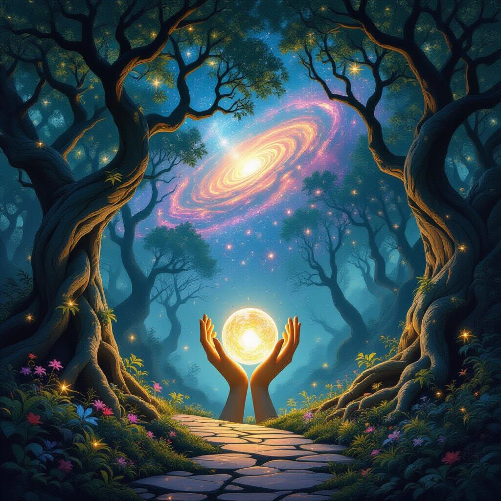 Cosmic Forest with Art Nouveau Hands and Nebula Sky