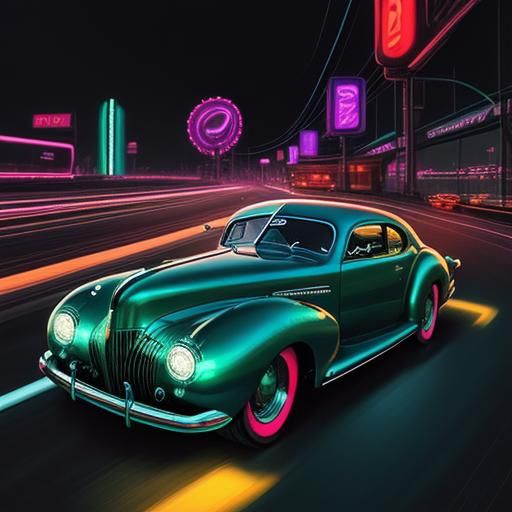 1940s Supercar on Neon Highway in Chrome Art Style