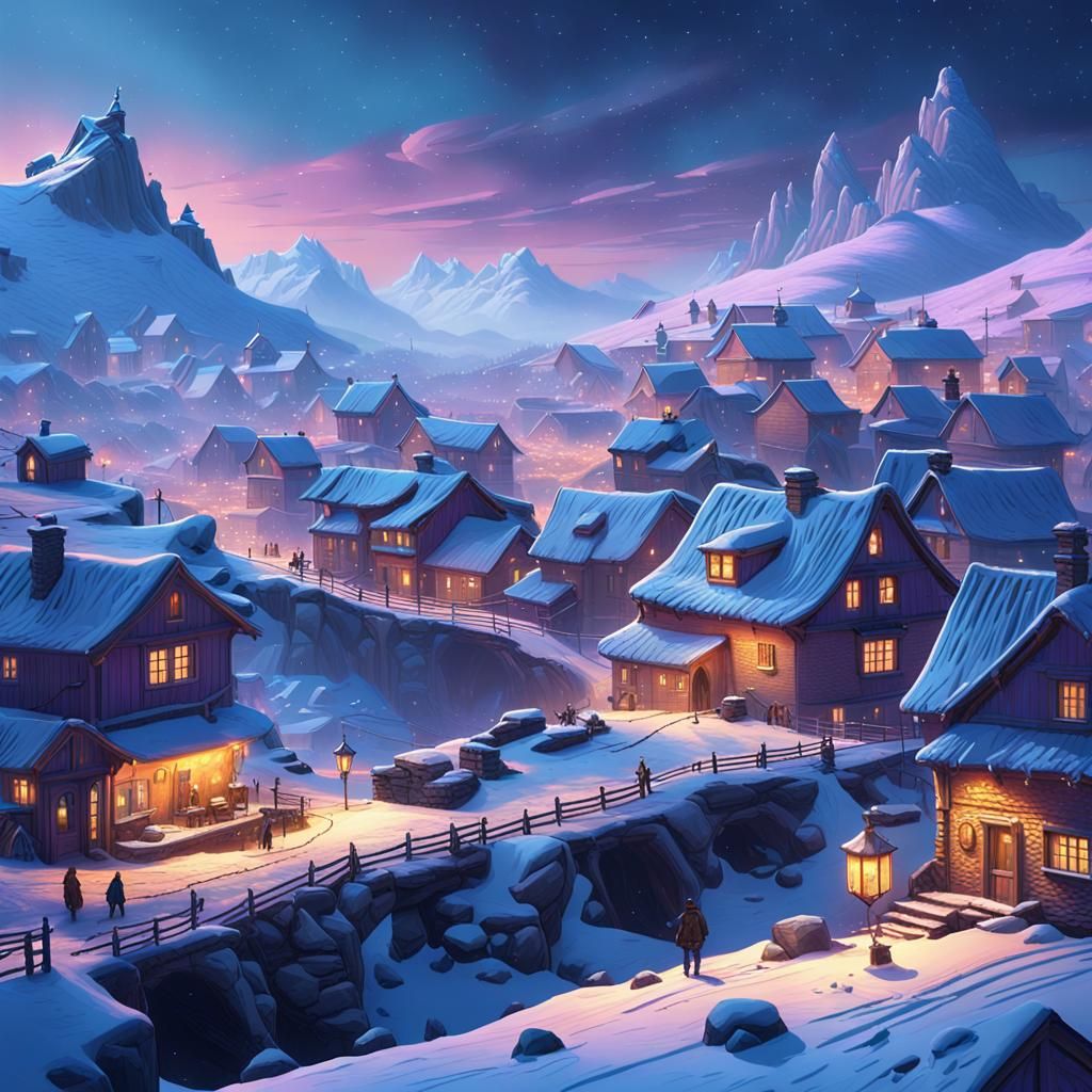 Snowy Village at Night: Fantasy Concept Art