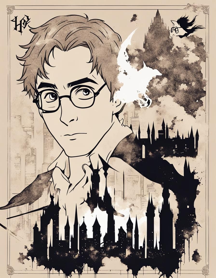 Harry Potter Silhouette Line Art in Anime Style