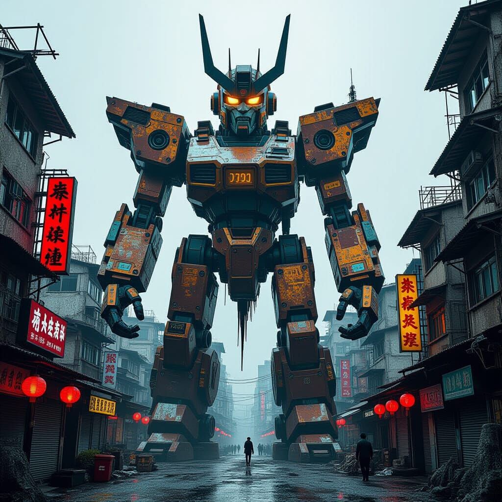 Cyberpunk Mecha Deity Statue in Dystopian Slum