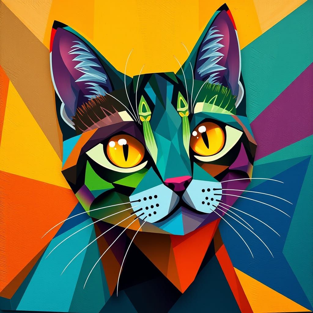 Colorful Cubist Cat with Geometric Art Deco Patterns
