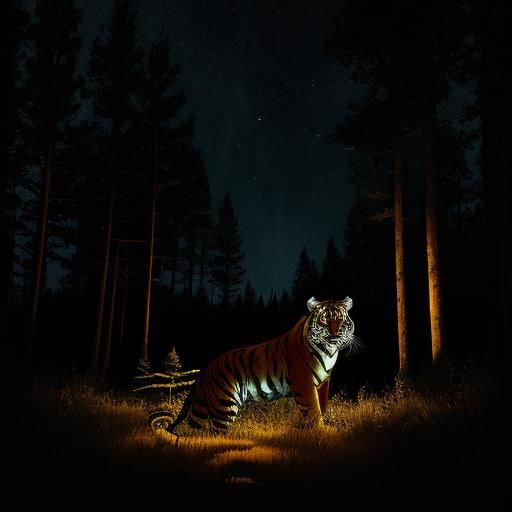 Glowing Tiger Eye in Dark Forest Under Black Sky