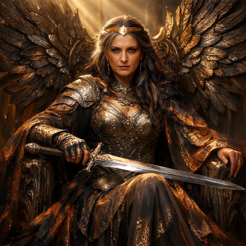 Warrior Queen on Hawk Throne with Glimmering Sword