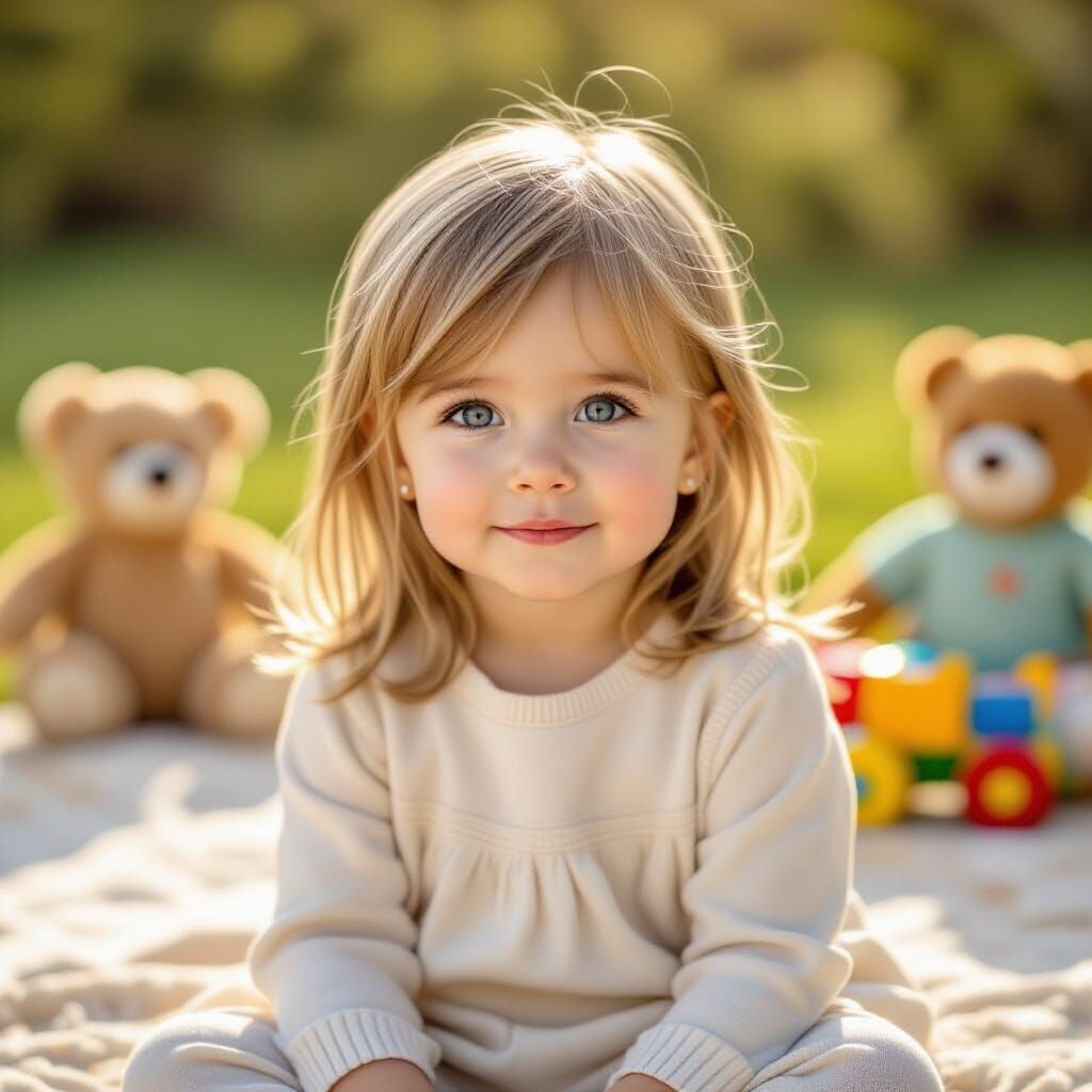 Photorealistic Portrait of a Blonde Toddler Girl Outdoors