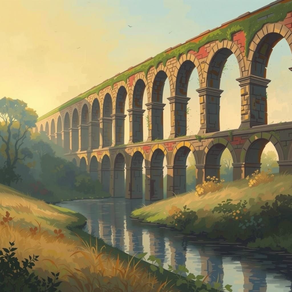 Ancient Aqueduct in Sunset Landscape, in Romanticism Style