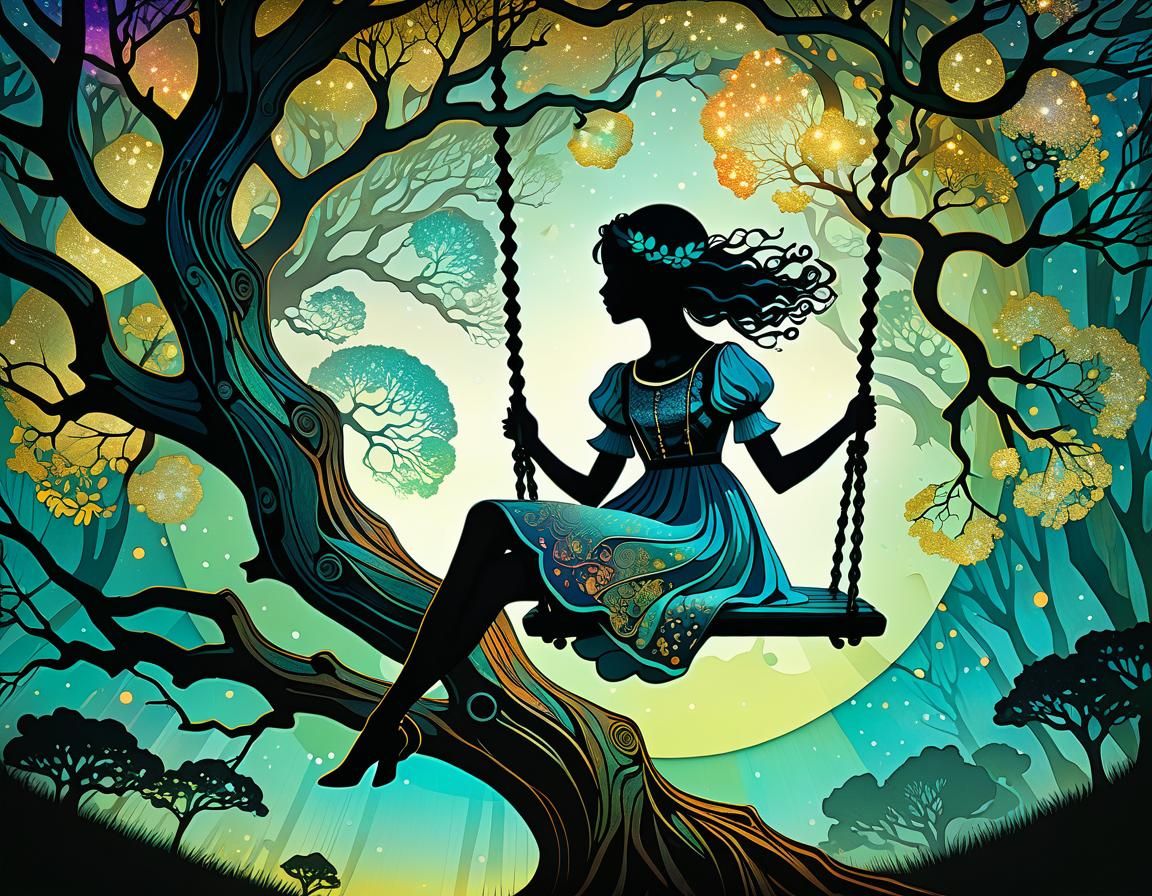 Surreal Silhouette: Girl on Swing in Art Nouveau Style