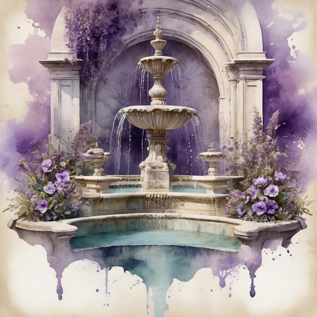 Elegant Watercolor Royal Fountain with Floral Details