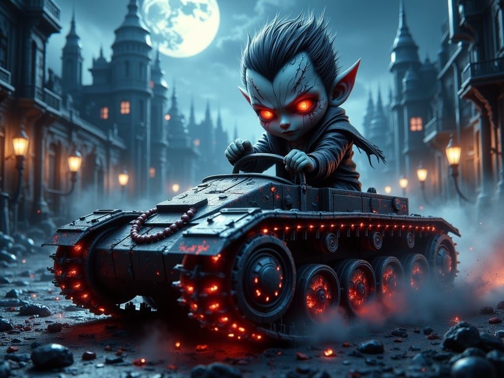 Chibi Vampire Tank in Apocalyptic Wasteland, Comic Style