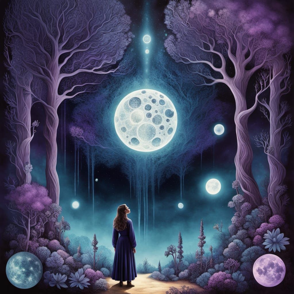 Woman in Bioluminescent Forest Under Cosmic Sky