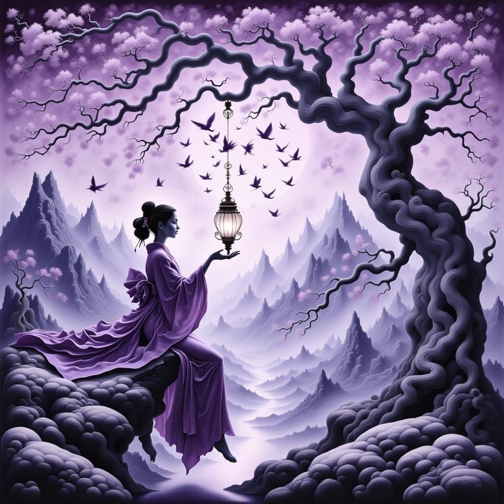 Ethereal Silhouette Under Moonlit Cherry Tree