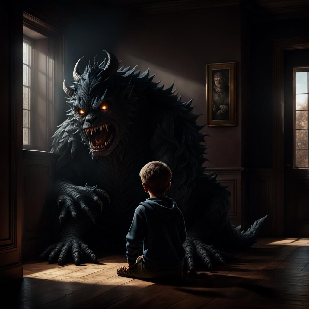 little boy alone crying in the corner of a dark house with a shadow monster in his front