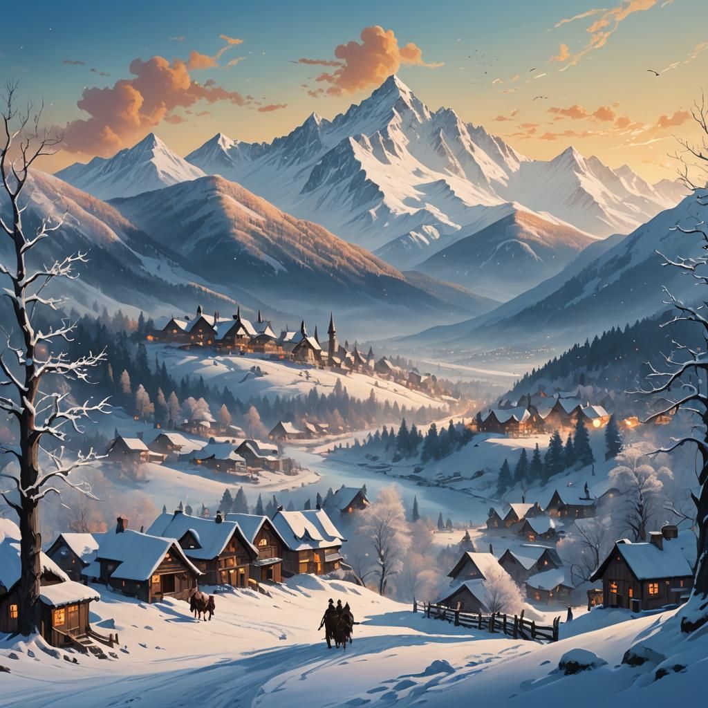 Snowy Mountain Range in Dreamlike Fantasy Style