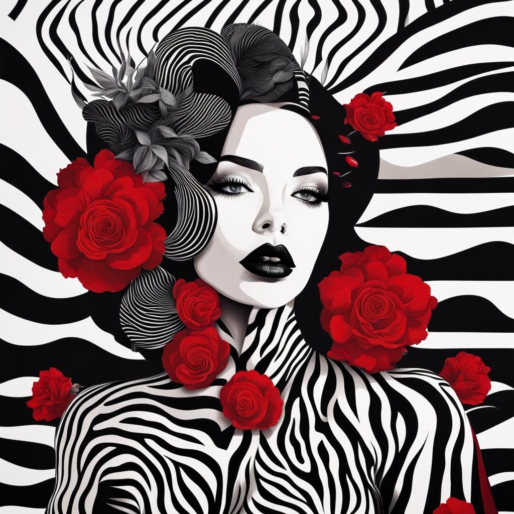 Surreal Zebra Woman Portrait with Red Accents