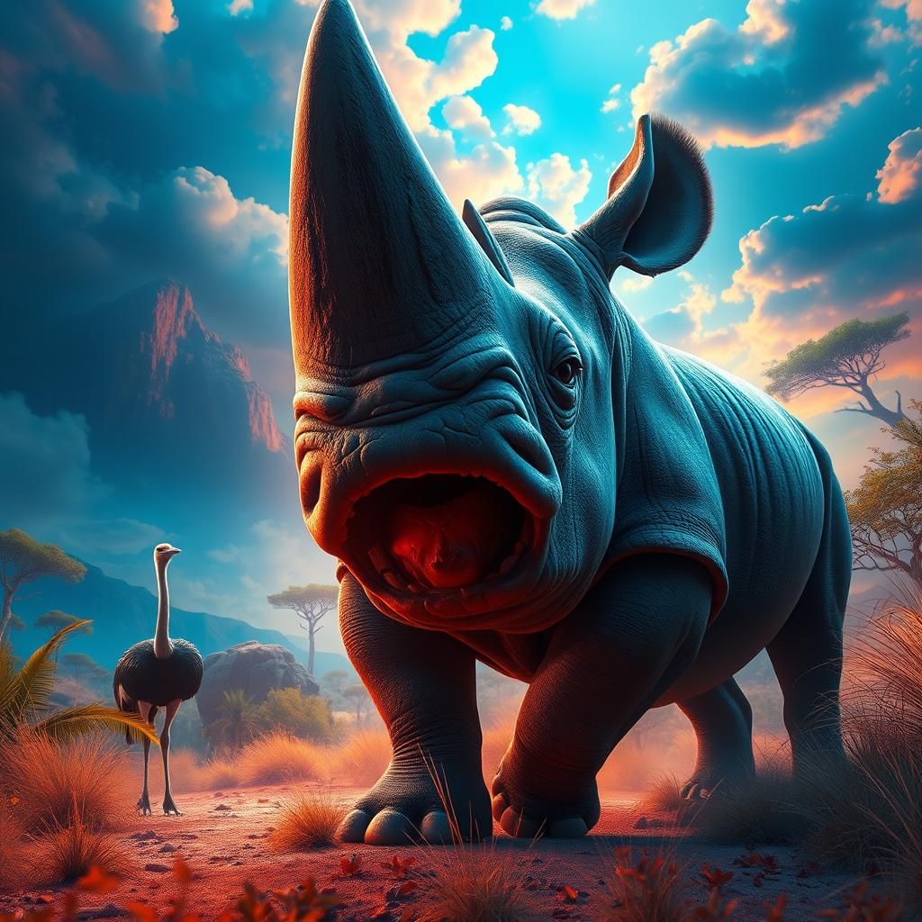 Rhino and Ostrich in a Fantasy Wildlife Scene