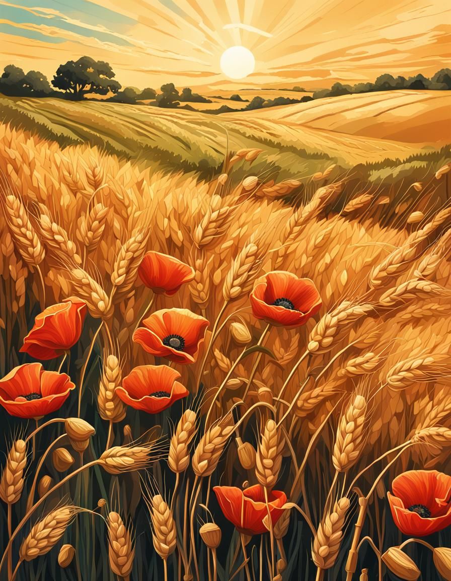 Wheat and Poppies in Golden Summer Field