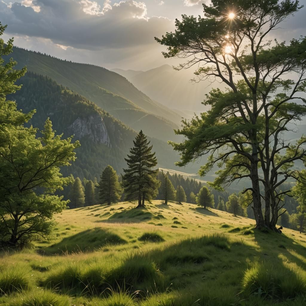 Sunlit Mountain Landscape with Green Meadow