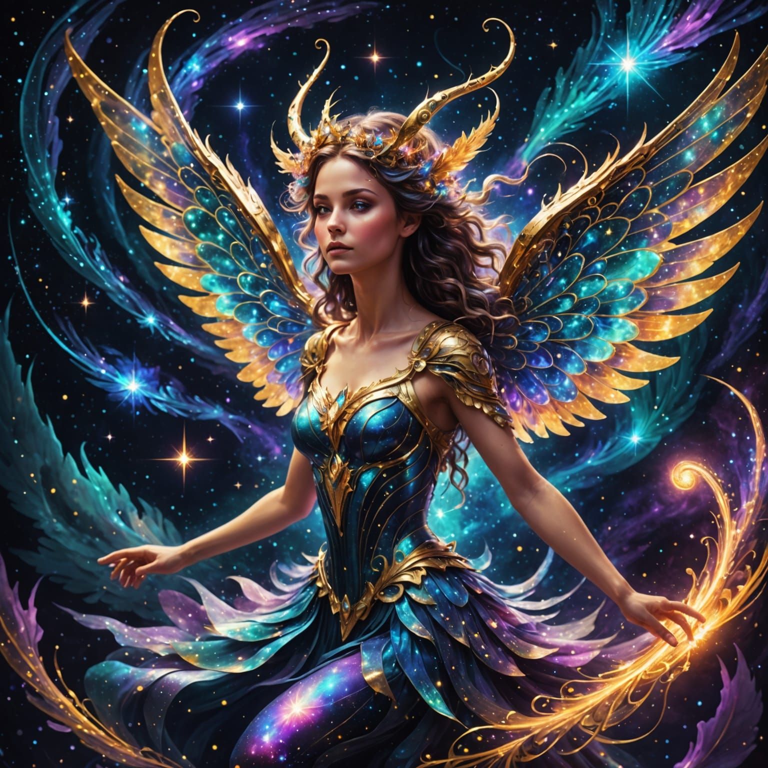 Celestial Fairy Spirals Through Nebula in Mixed Media