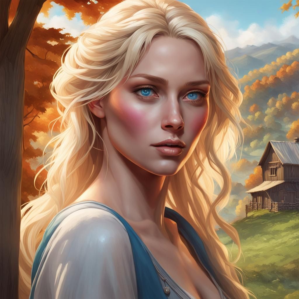 Blonde Woman in Village: Hyperdetailed Artgerm Portrait