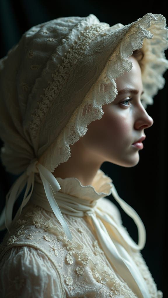 Ethereal Woman in Lace Bonnet: A Hyperrealistic Portrait