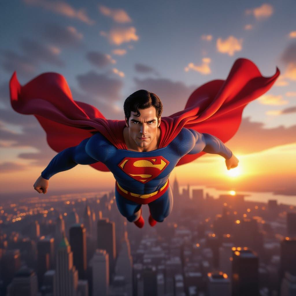Superman Flying Through Cityscape at Sunset
